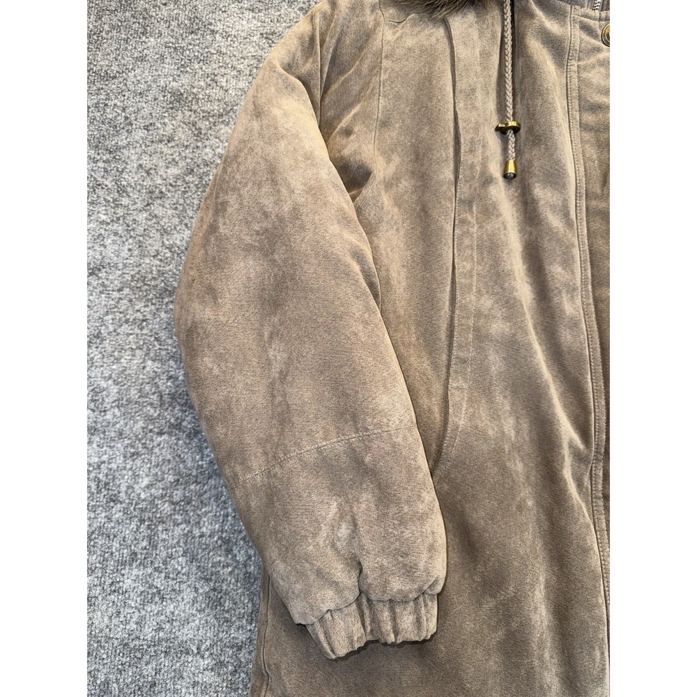 Worthington Brown Faux Suede Coat Women's Size Medium Fur Hood Parka - Picture 3 of 13